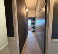 A narrow hallway leading to a room with a wooden decor floor in a 4-room apartment.