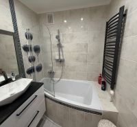 Bathroom with a bathtub, sink, mirror, and ladder radiator in a 3-room apartment.