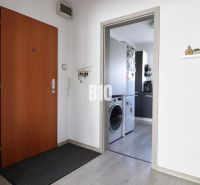 A hallway in a 3-room apartment with a washing machine and a dishwasher next to the kitchen.