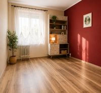 A room in a 3-room apartment with a wooden decor floor, a red wall, and a shelving cabinet.
