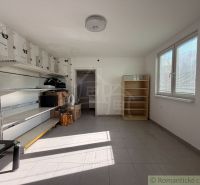 The interior of a family house with shelving units and boxes on the floor.