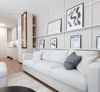 Living room of a two-room apartment with wood-patterned flooring, a sofa, and modern art.