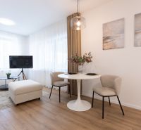 Living room of a two-room apartment with a wooden decor floor, table, chairs, TV.