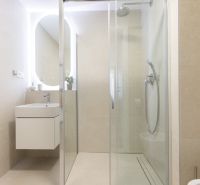 A bathroom in a 2-room apartment with a modern shower and an illuminated mirror.