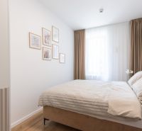 A bright bedroom with a bed, paintings, and a wooden decor floor in a two-room apartment.