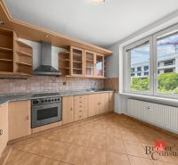 A kitchen in a 2-room apartment with tiles, a wooden kitchen unit, and a large window.