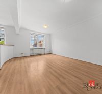 Spacious living room in a 2-room apartment with wood-patterned flooring.