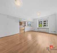 Living room with wood-patterned flooring connected to the kitchen in a 2-room apartment.