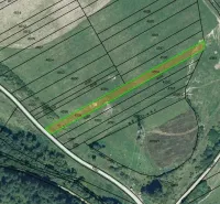 Aerial map of fields and roads in the Plaveč cadastre, agricultural and forest lands.