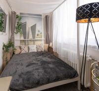 Bedroom in a 2-room apartment with a bed, a floor lamp, and decorative plants.