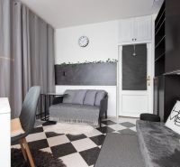 Living room in a 2-room apartment with gray curtains, black and white flooring, and a comfortable couch.