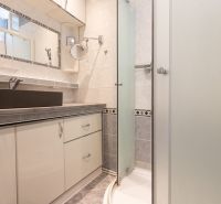Bathroom with a glass shower enclosure and a mirror in a 2-room apartment.
