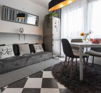 Living room with simple furniture, a mirror, a dining table, and a carpet.