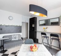 A kitchen in a 2-room apartment with a dining table, bar, refrigerator, and black light fixture.