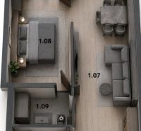 Floor plan of a 2-room apartment with furnishings and flooring with a wood decor.