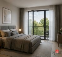 Floor plan of a 2-room apartment with furnishings and flooring with a wood decor.