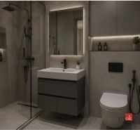 A bathroom with a glass shower enclosure and black faucets in a 2-room apartment.