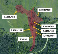 Aerial view of agricultural and forest lands around Stará Ľubovňa with marked parcels.