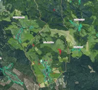 Aerial map of agricultural and forest lands around Stará Ľubovňa, including various cadastral areas.
