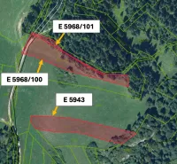 Aerial view of agricultural and forest lands in Stará Ľubovňa with parcel numbers.