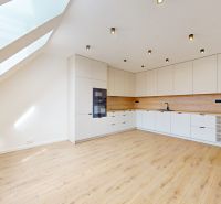A kitchen in a 5 or more room apartment with a wooden decor floor and a skylight.