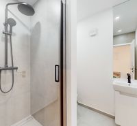 A bathroom with a shower and a sink in a 5 or more room apartment.
