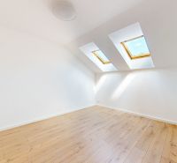 A bright room with skylights, white walls, and a wooden-patterned floor.