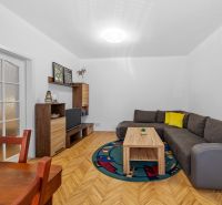Living room in a two-room apartment with a sofa, TV, and wood-patterned flooring.