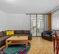 Living room in a two-room apartment with a sofa, carpet, and wooden decor flooring.