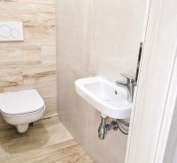 Bathroom with toilet and sink, floor with wood decor, 2-room apartment.