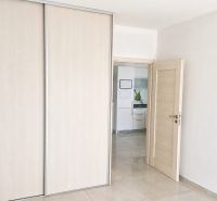 A double-wing wardrobe with sliding doors and open doors to the kitchen in a 2-room apartment.