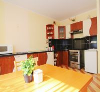 A kitchen in a studio apartment with a wooden decor floor and a dining table.