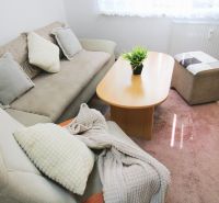 Living area of a studio apartment with a comfortable sofa and a table on a floor with a wooden decor.
