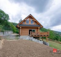 A wooden family house in Vyhne on a slope, surrounded by greenery and a cloudy sky.