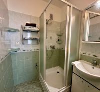 A bathroom with a shower and a sink in a 4-room apartment.