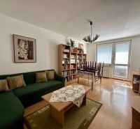 Living room in a 4-room apartment with a wooden decor floor, a green sofa, and a bookshelf.