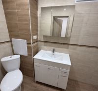 Bathroom with a sink, mirror, and toilet in a 2-room apartment, with ceramic tiles.