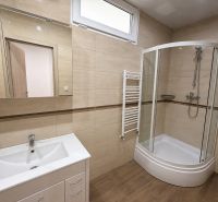 Bathroom with a shower and a mirror with a wooden decor floor in a 2-room apartment.