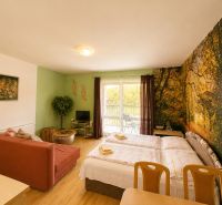1-bedroom apartment with a wooden decor floor, natural motif on the wall, sofa, bed.