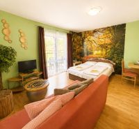 A room with a bed, sofa, and television, with a wooden decor floor.