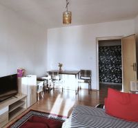 Living room in a two-room apartment with a sofa, table, and floor with a wooden decor.
