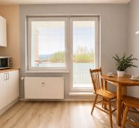 A one-room apartment with a kitchenette, dining table, and floor with a wood decor.