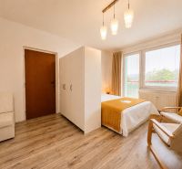 A one-room apartment with a wooden decor floor, a bed, and a chair by the window.