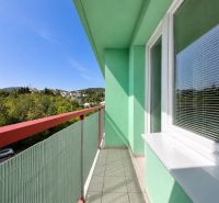 A balcony in a one-room apartment with a view of greenery and a blue sky.