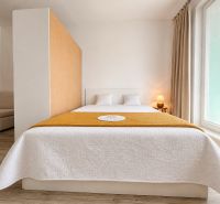 A bedroom in a studio apartment with a wood-patterned floor, a bed, and curtains.