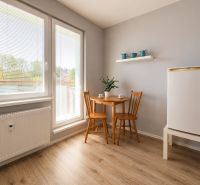 Dining area in a studio apartment with wood-patterned flooring and balcony doors.
