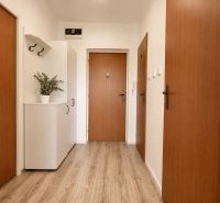 Entrance hallway in a one-room apartment with wood-patterned flooring and white furniture.