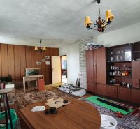 Living room in a family house with furniture and a carpet, wooden decor flooring.