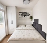 A bedroom in a studio apartment with wall decoration and a wooden decor floor.