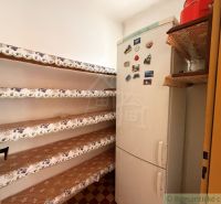 Pantry in a family house with shelves and a refrigerator decorated with magnets.